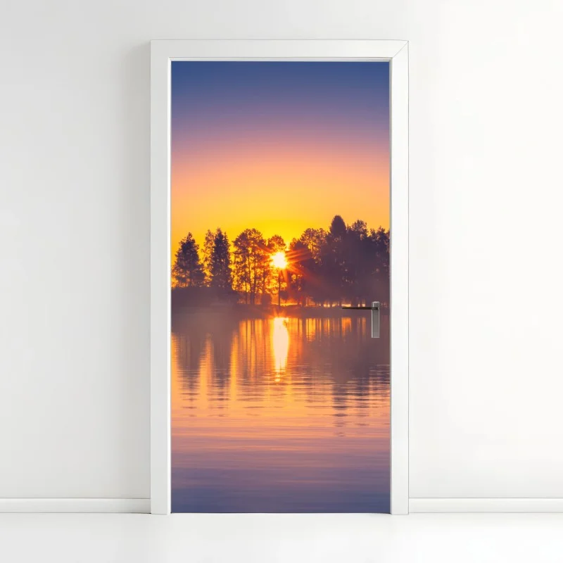 Door sticker misty lakeside sunset reflections