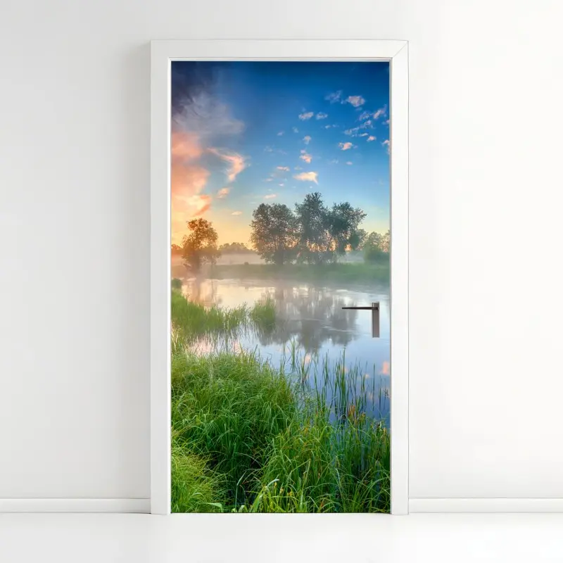 Door sticker sunrise mist over riverbanks