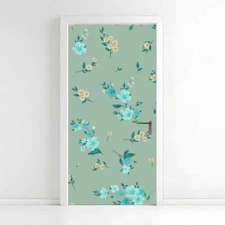 Door sticker turquoise floral pattern on sage background • Wallissimo®