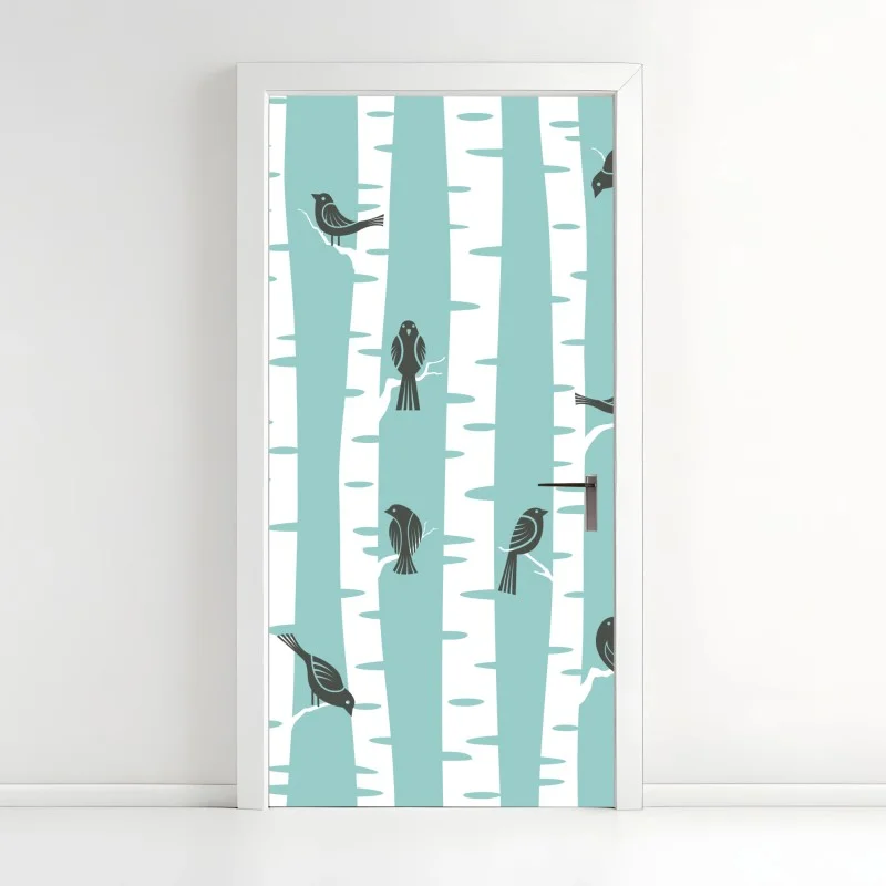 Door sticker turquoise birch forest with birds