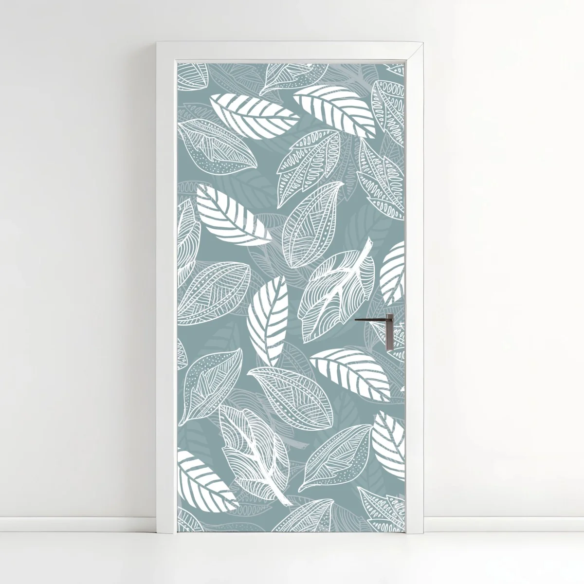 Door sticker hand-drawn leaf pattern on teal background • Wallissimo® Door sticker hand-drawn leaf pattern on teal background • Wallissimo®