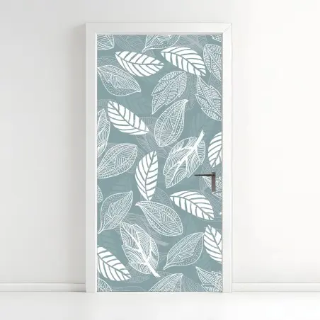 Door sticker hand-drawn leaf pattern on teal background • Wallissimo®