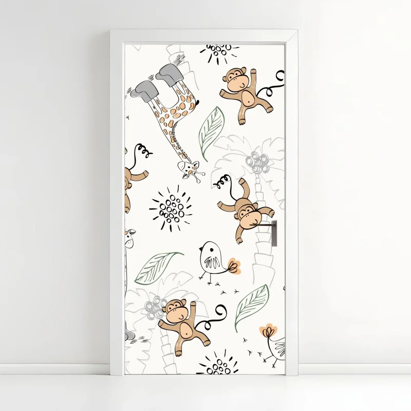 Door sticker cute jungle animals nursery pattern
