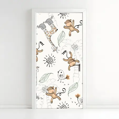 Door sticker cute jungle animals nursery pattern • Wallissimo®