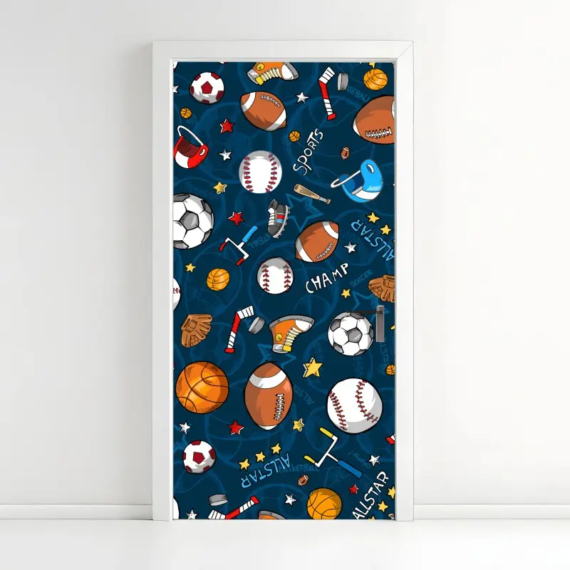 Door sticker playful sports pattern on navy background