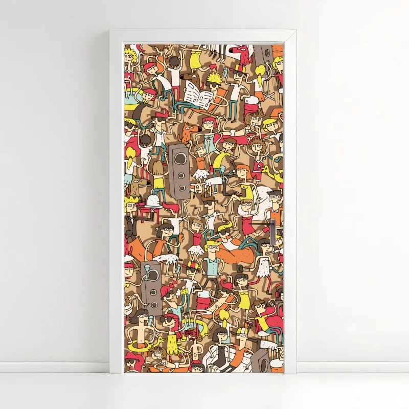 Door sticker playful crowd party pattern