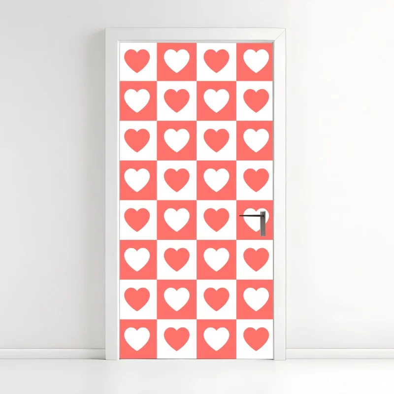 Door sticker pink heart checkerboard pattern