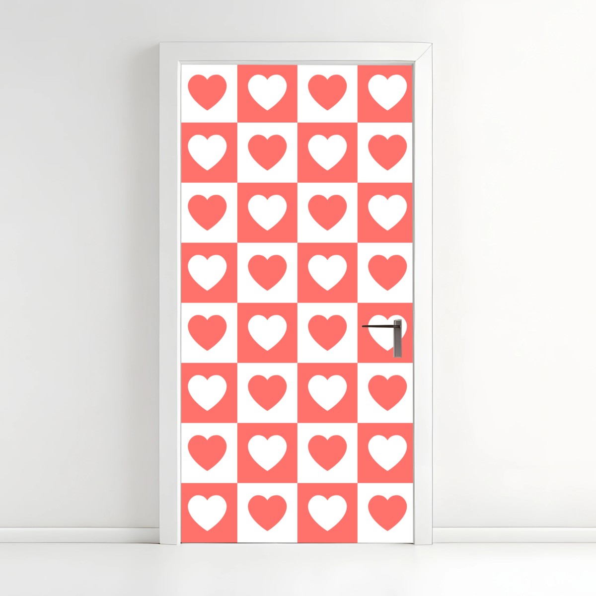 Door sticker pink heart checkerboard pattern • Wallissimo® Door sticker pink heart checkerboard pattern • Wallissimo®