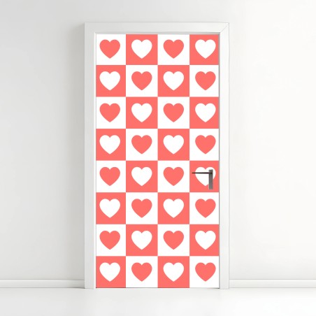 Door sticker pink heart checkerboard pattern • Wallissimo®