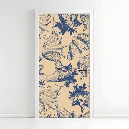 Door sticker nautical seashell pattern in blue and beige • Wallissimo®