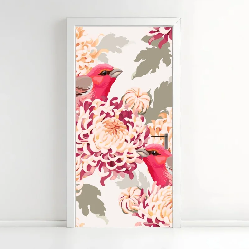 Door sticker pink birds and chrysanthemum floral pattern