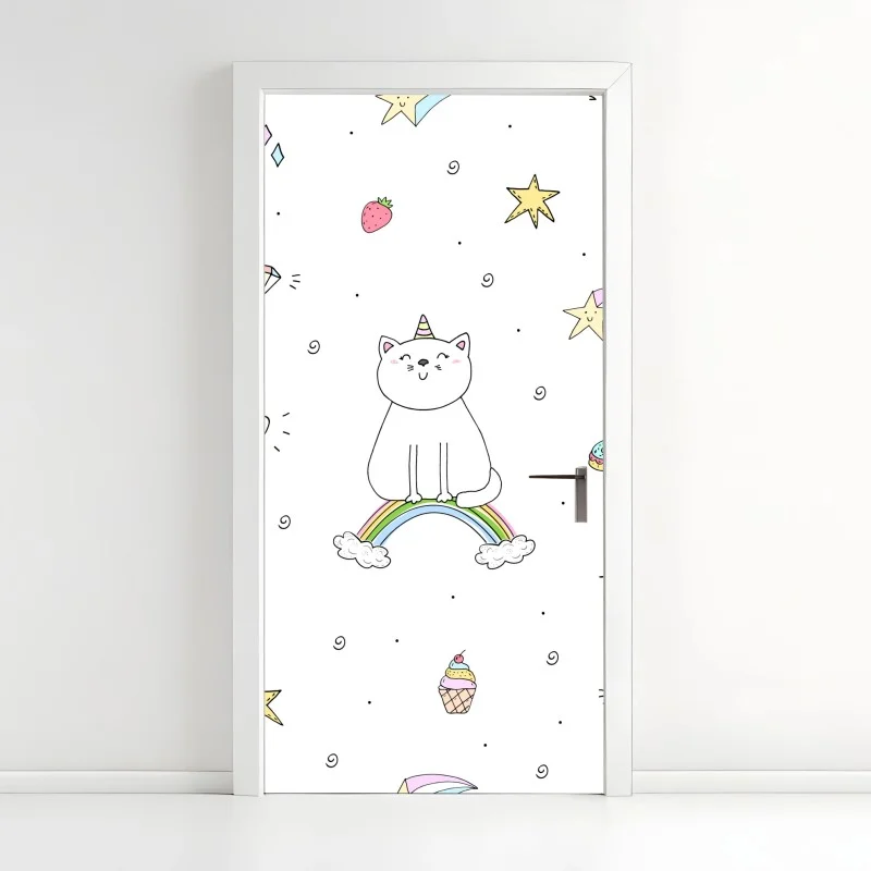 Door sticker pastel unicorn cat and rainbow pattern