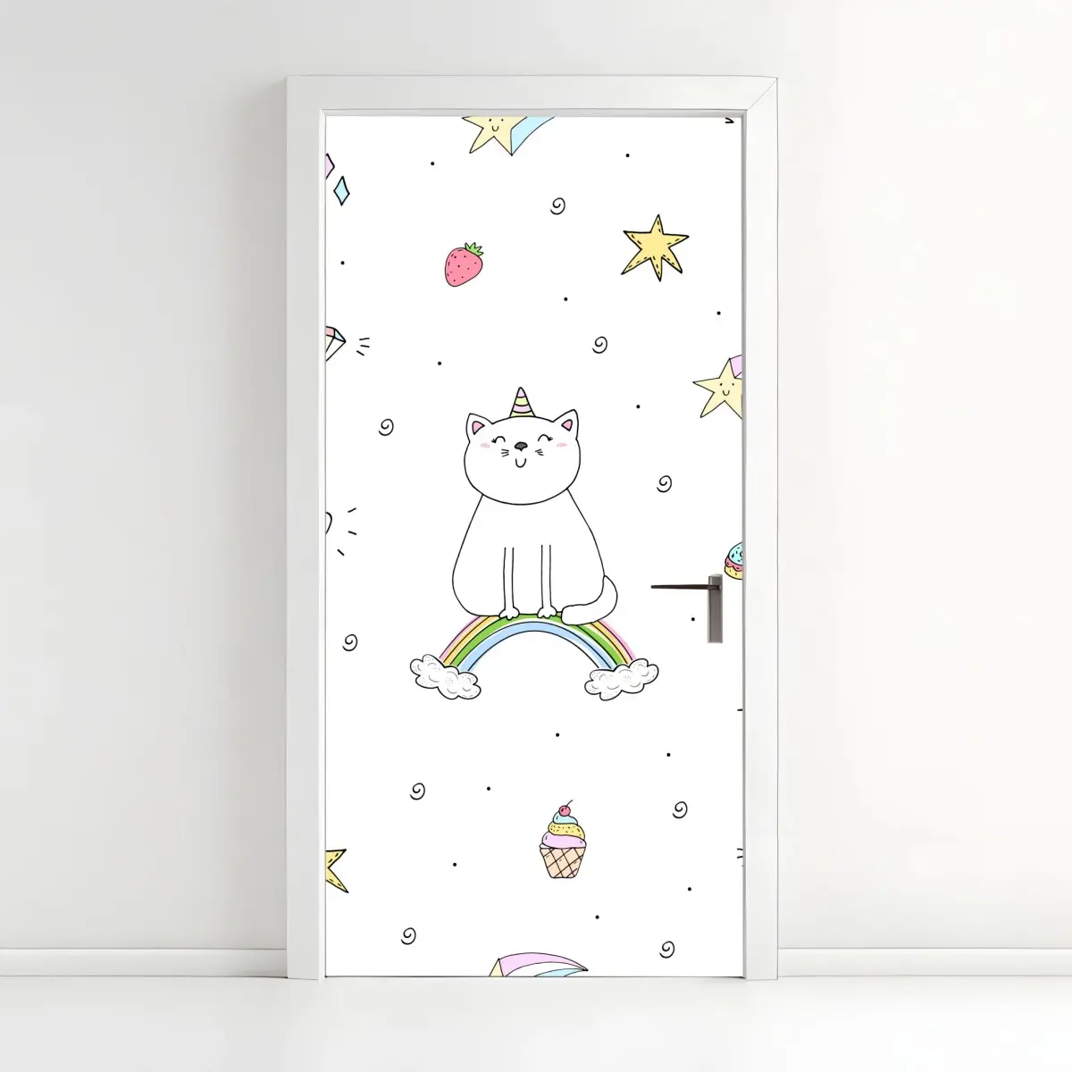 Door sticker pastel unicorn cat and rainbow pattern • Wallissimo® Door sticker pastel unicorn cat and rainbow pattern • Wallissimo®