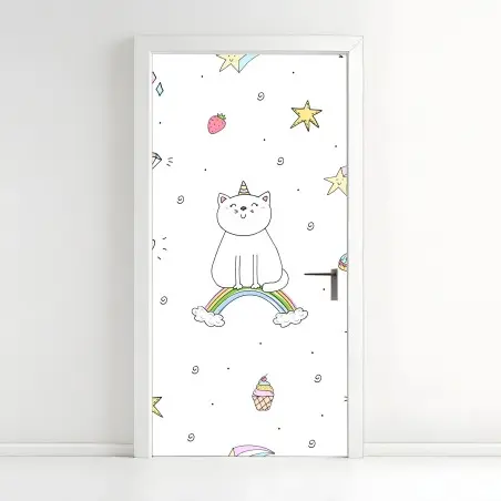 Door sticker pastel unicorn cat and rainbow pattern • Wallissimo®