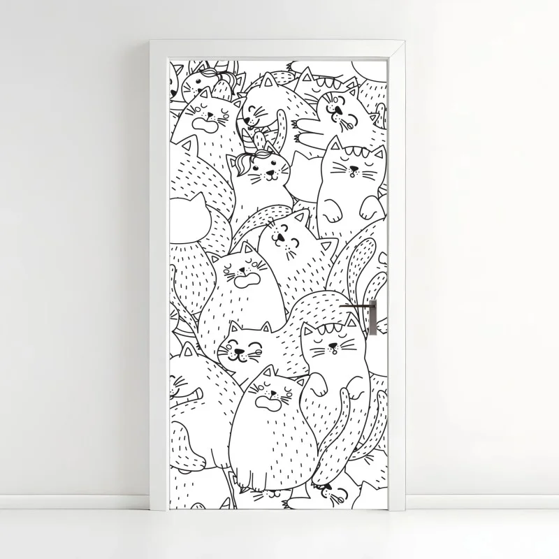 Door sticker hand-drawn cat doodles pattern