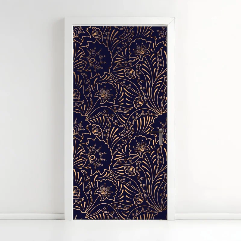 Door sticker gold floral ornamental pattern on navy background