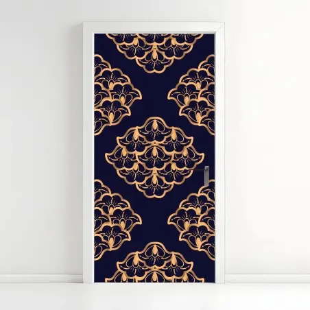 Door sticker luxurious gold damask pattern on deep navy • Wallissimo®
