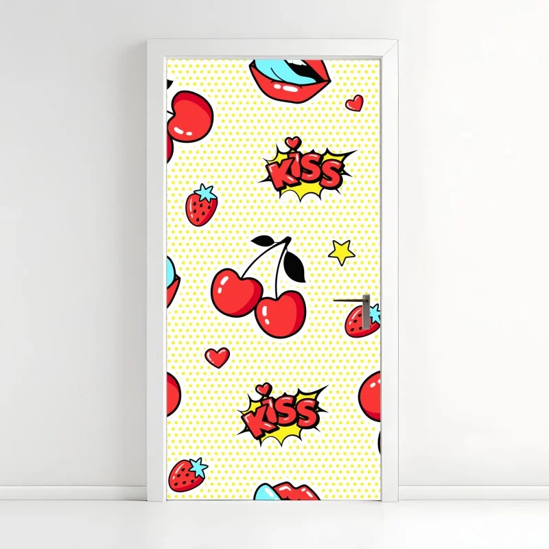 Door sticker playful pop art cherry kiss pattern