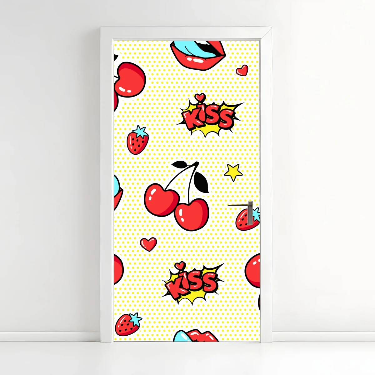Door sticker playful pop art cherry kiss pattern • Wallissimo® Door sticker playful pop art cherry kiss pattern • Wallissimo®