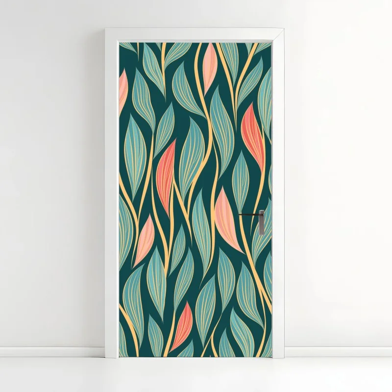 Door sticker botanical leaf pattern in teal and coral