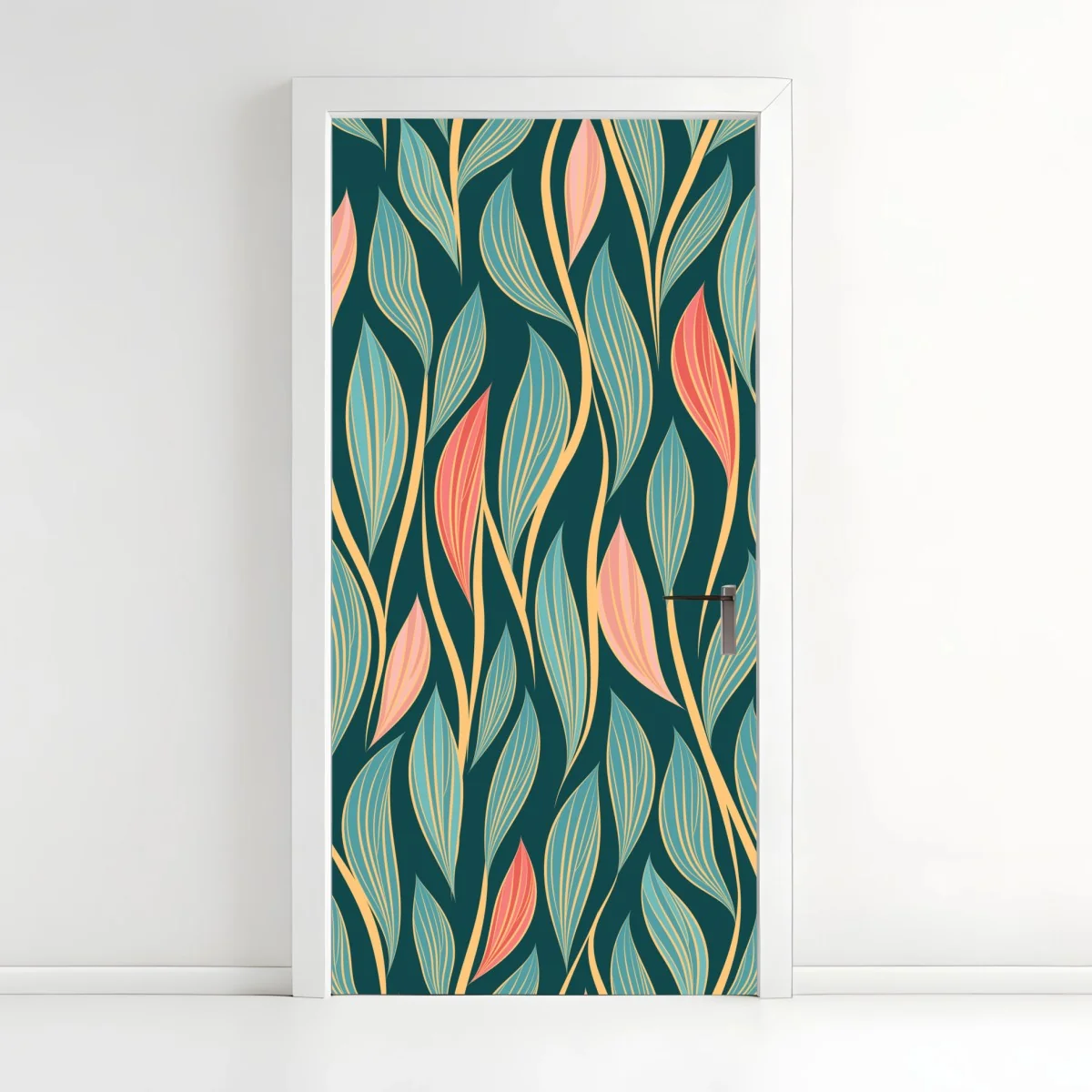 Door sticker botanical leaf pattern in teal and coral ⁕ Wallissimo® Door sticker botanical leaf pattern in teal and coral ⁕ Wallissimo®