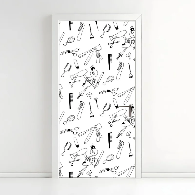 Door sticker hand-drawn barber tools pattern