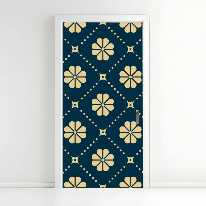 Door sticker teal and beige floral geometric pattern