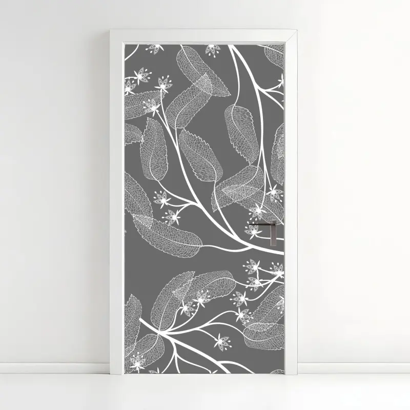 Door sticker delicate white leaves on gray background