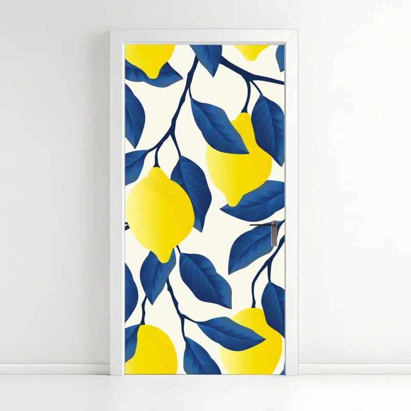 Door sticker vibrant lemon pattern with blue leaves