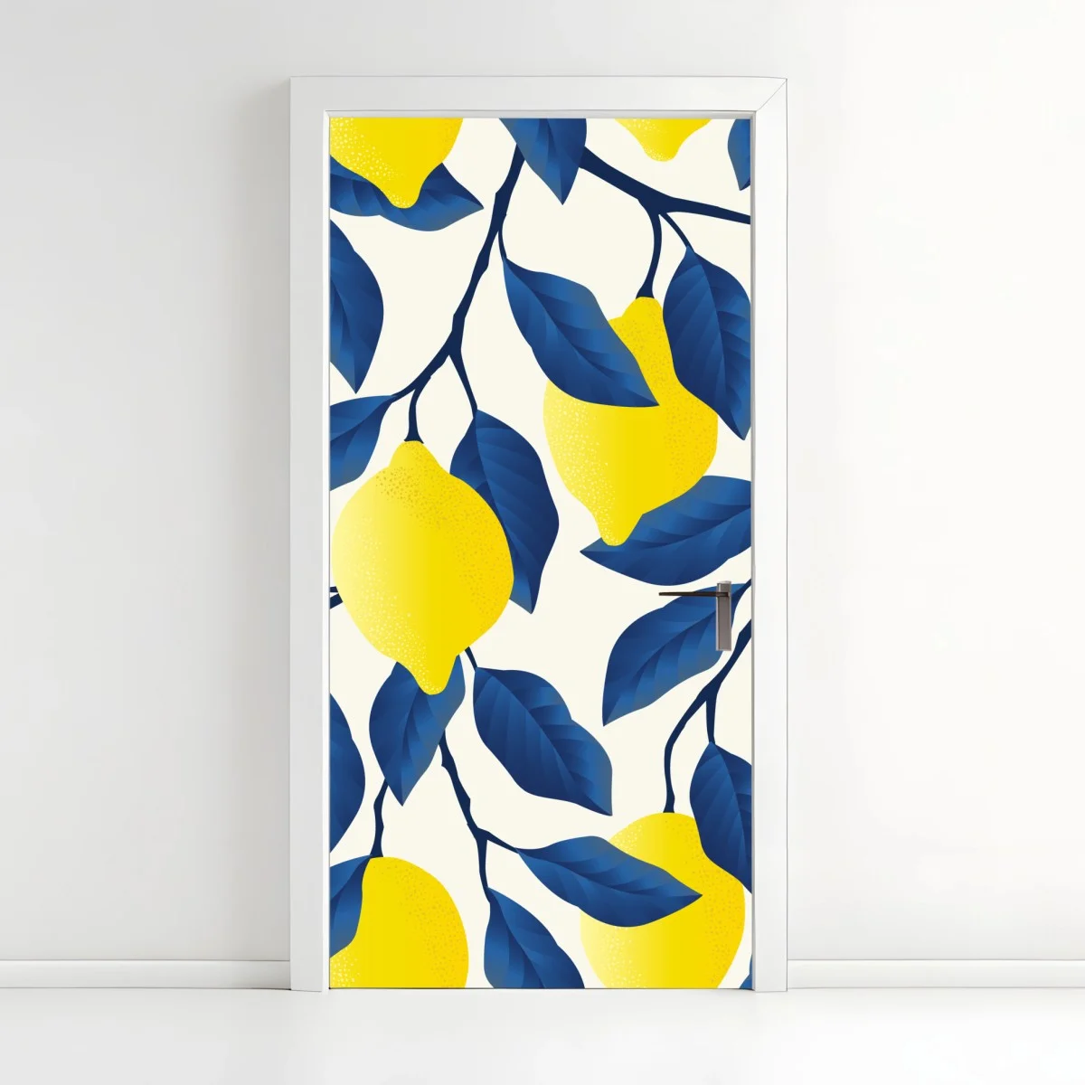 Door sticker vibrant lemon pattern with blue leaves • Wallissimo® Door sticker vibrant lemon pattern with blue leaves • Wallissimo®
