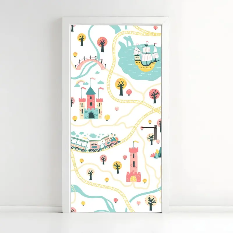 Door sticker whimsical pastel adventure map ⁕ Wallissimo® Door sticker whimsical pastel adventure map ⁕ Wallissimo®