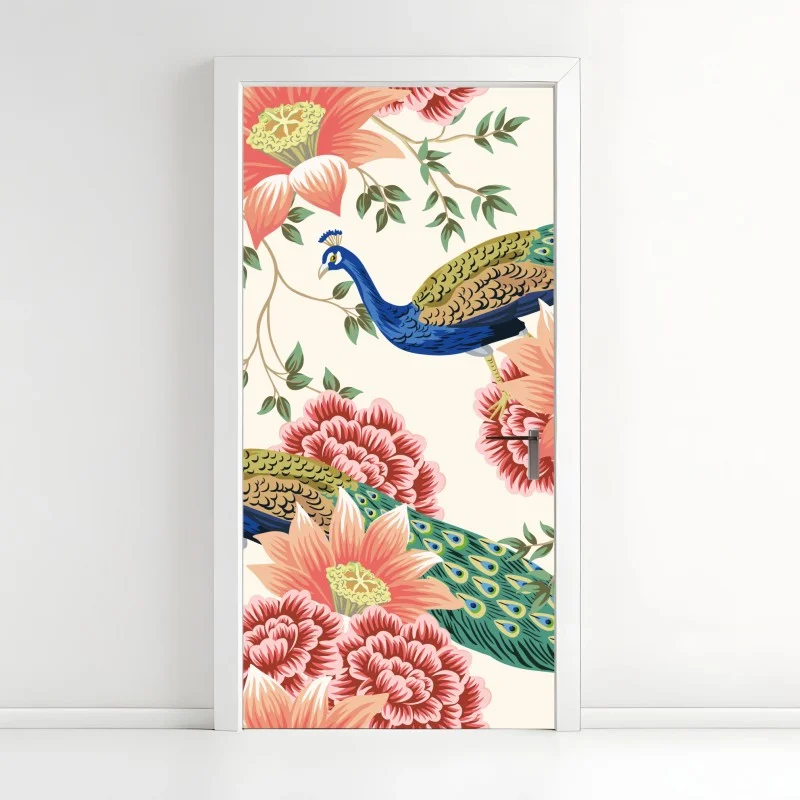 Door sticker elegant peacock floral wallpaper pattern