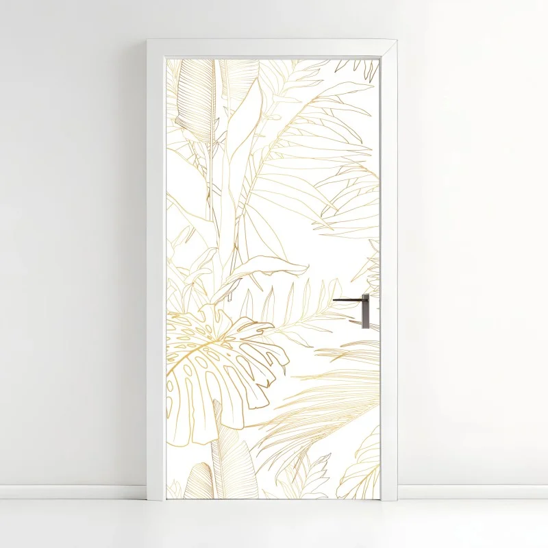 Door sticker gold tropical leaves line art