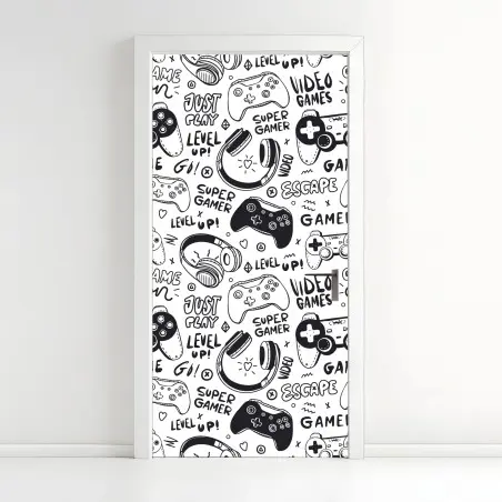 Door sticker gaming doodle pattern with controllers • Wallissimo®