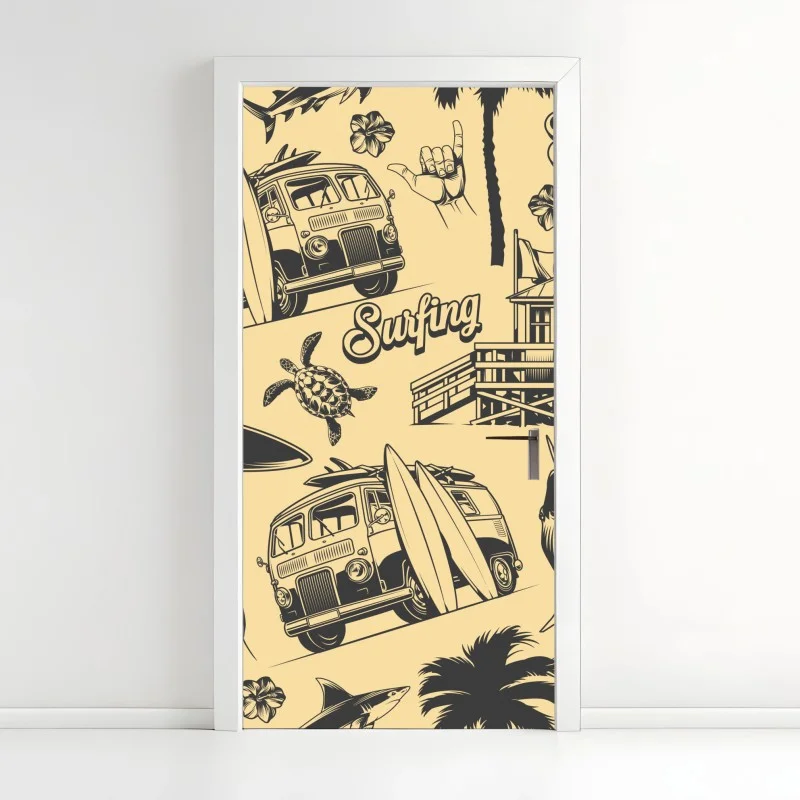 Door sticker retro surf pattern with van and waves