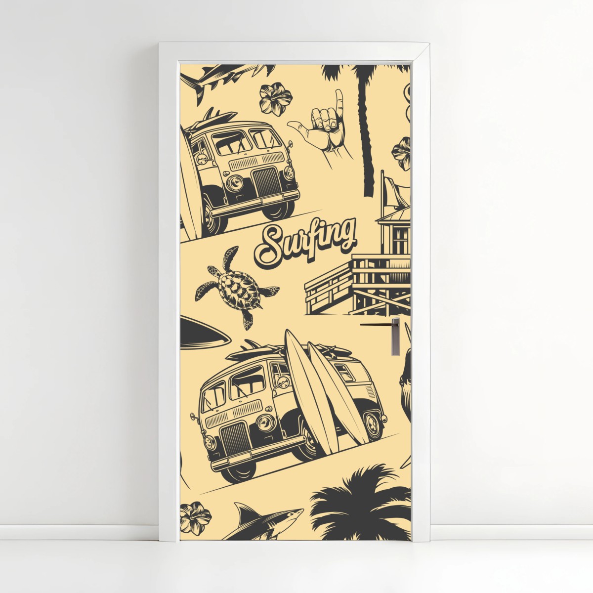 Door sticker retro surf pattern with van and waves • Wallissimo®