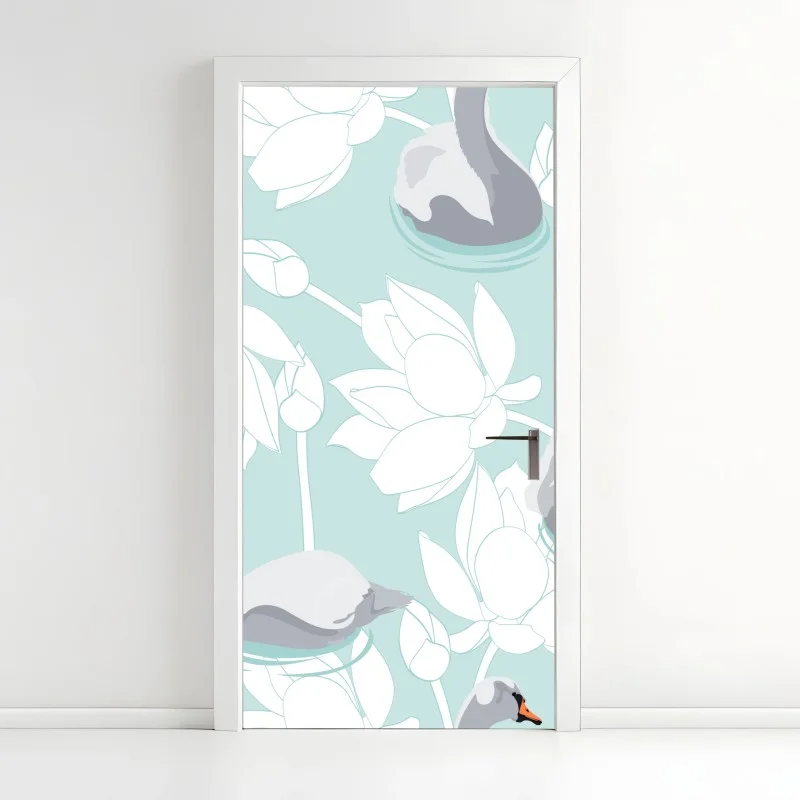 Door sticker serene swans and lotus pattern
