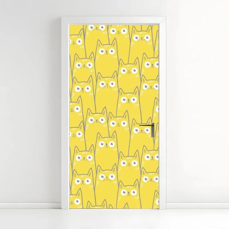 Door sticker playful yellow cat pattern