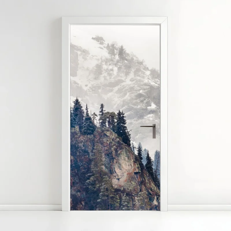 Door sticker misty mountain cliff with pine forest