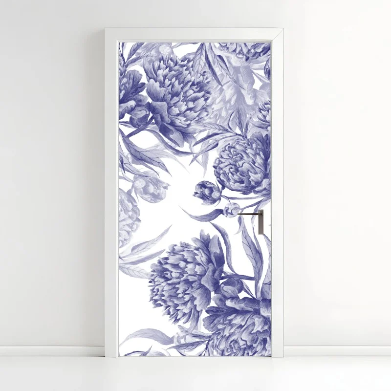 Door sticker blue peony floral pattern