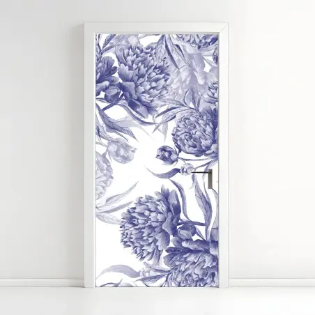 Door sticker blue peony floral pattern • Wallissimo®