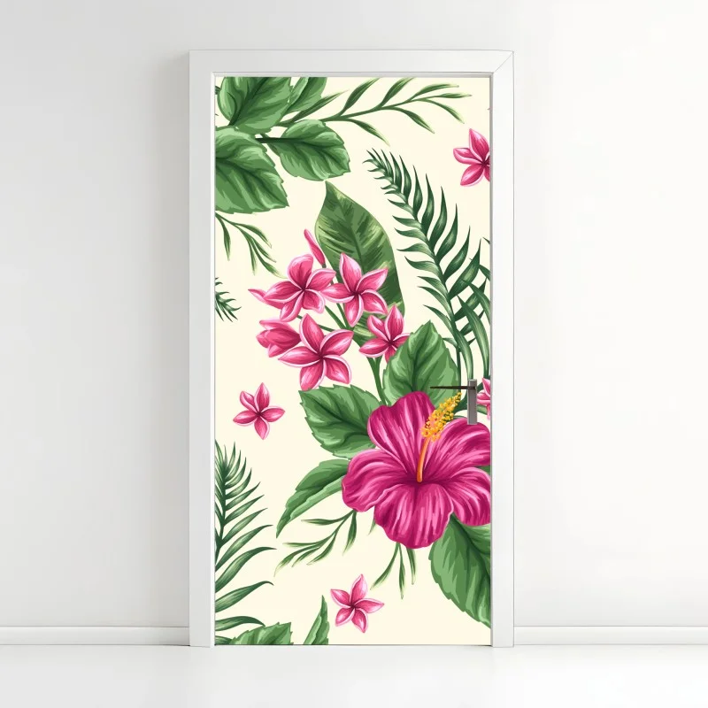 Door sticker tropical pink hibiscus floral pattern