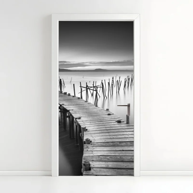 Door sticker serene wooden pier at dusk