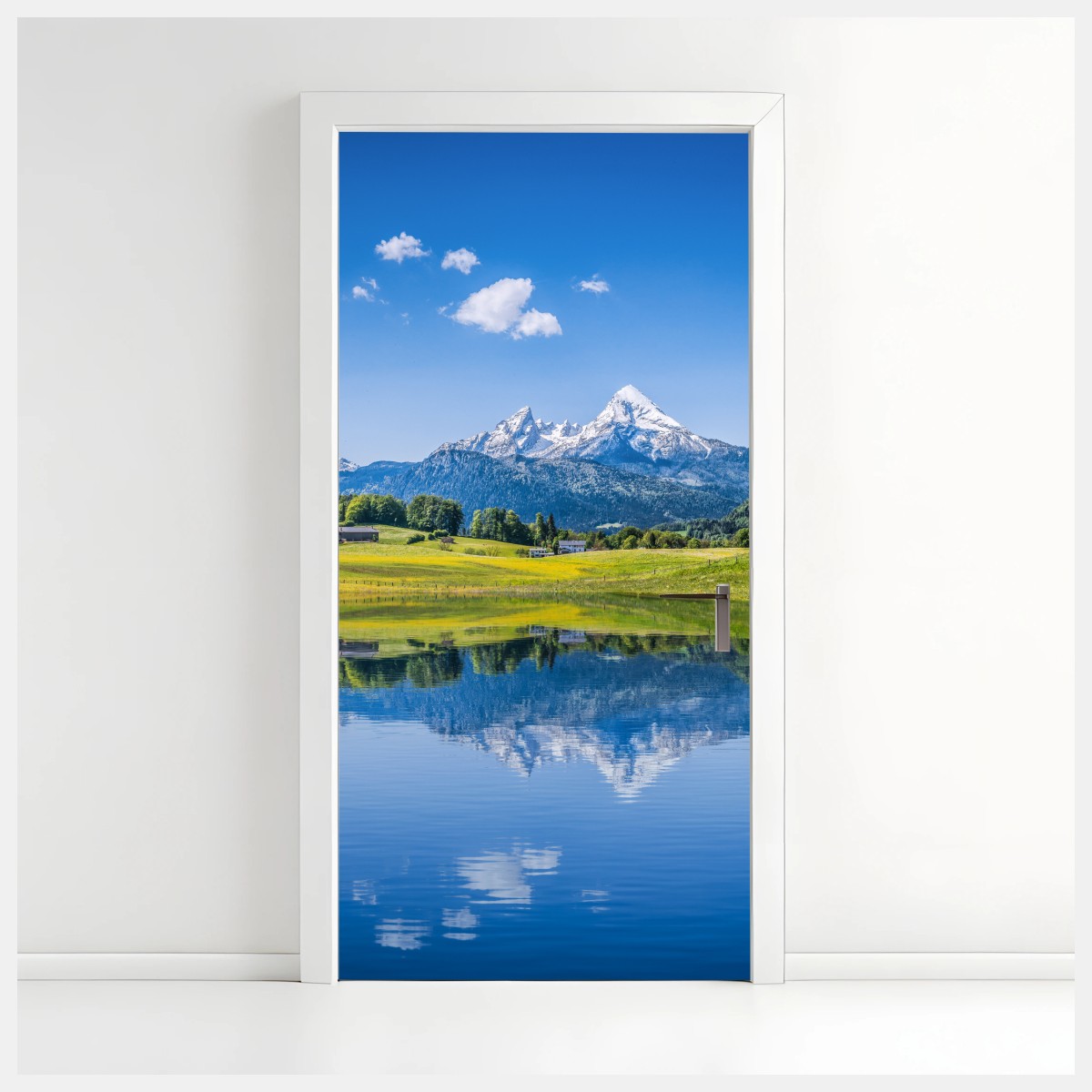 Door sticker alpine mirror: serene mountain reflection • Wallissimo®
