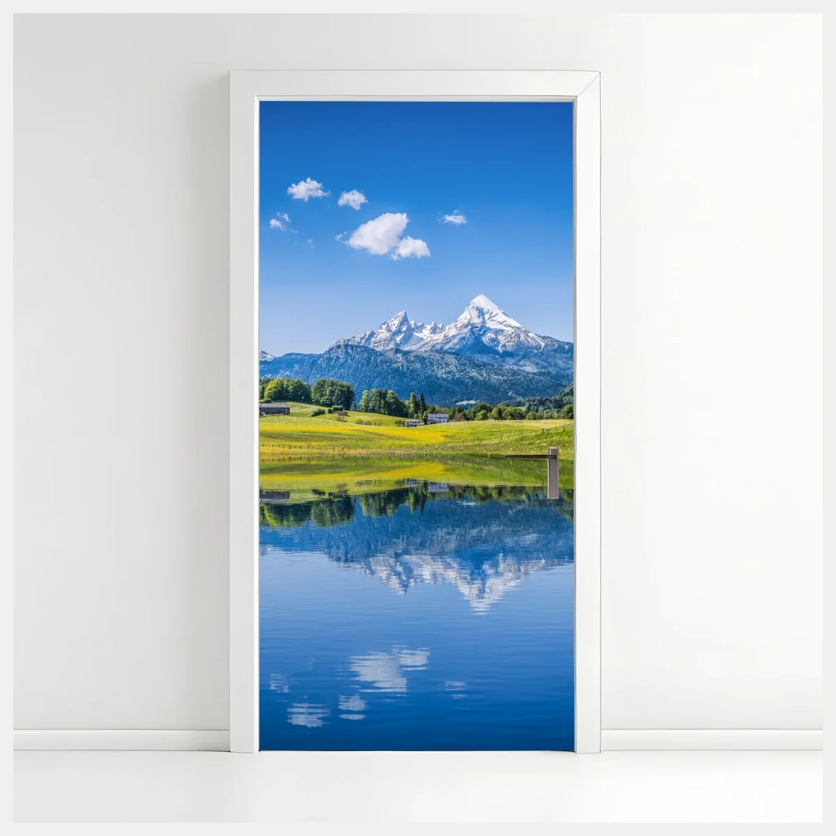 Door sticker alpine mirror: serene mountain reflection • Wallissimo® Door sticker alpine mirror: serene mountain reflection • Wallissimo®