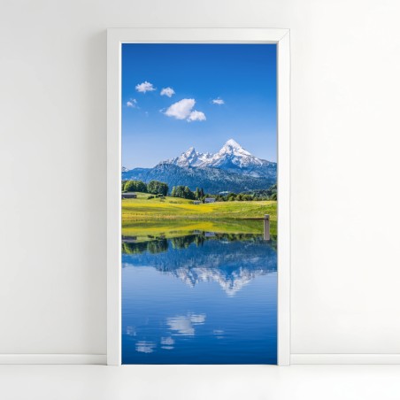 Door sticker alpine mirror: serene mountain reflection • Wallissimo®