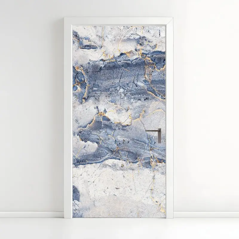 Door sticker blue marble texture with gold veins