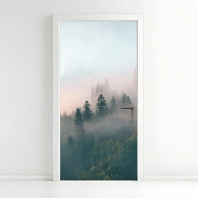 Door sticker misty morning forest landscape