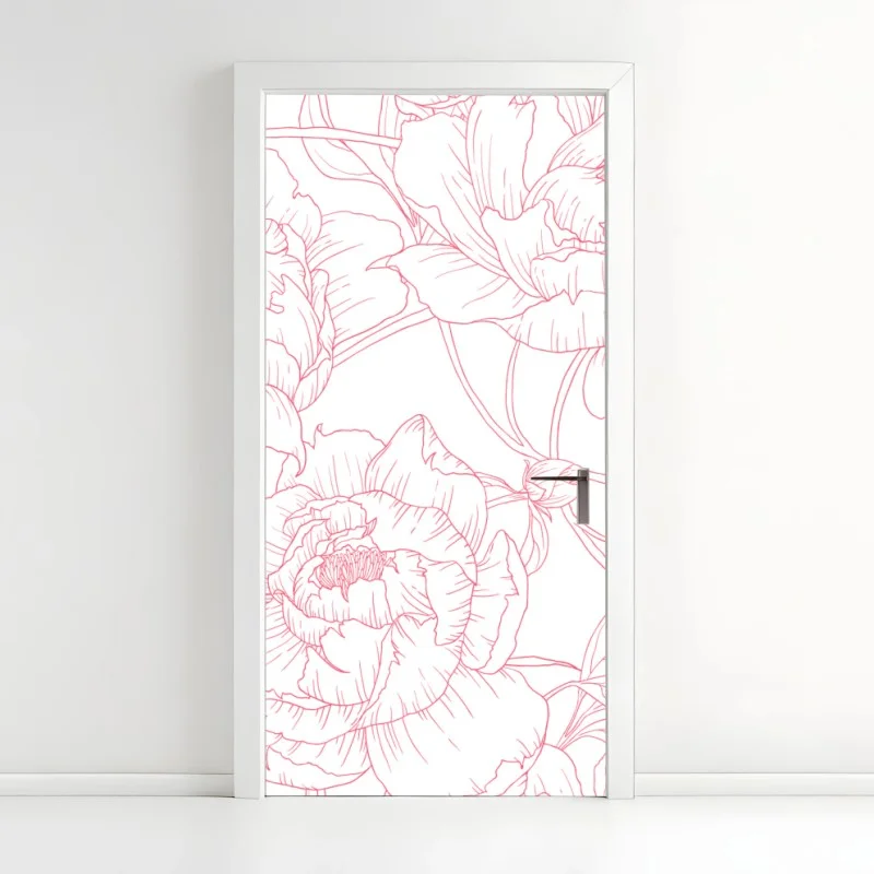 Door sticker delicate pink peony line art pattern
