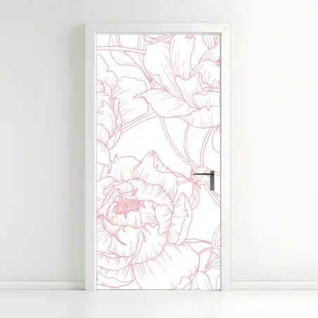 Door sticker delicate pink peony line art pattern • Wallissimo®